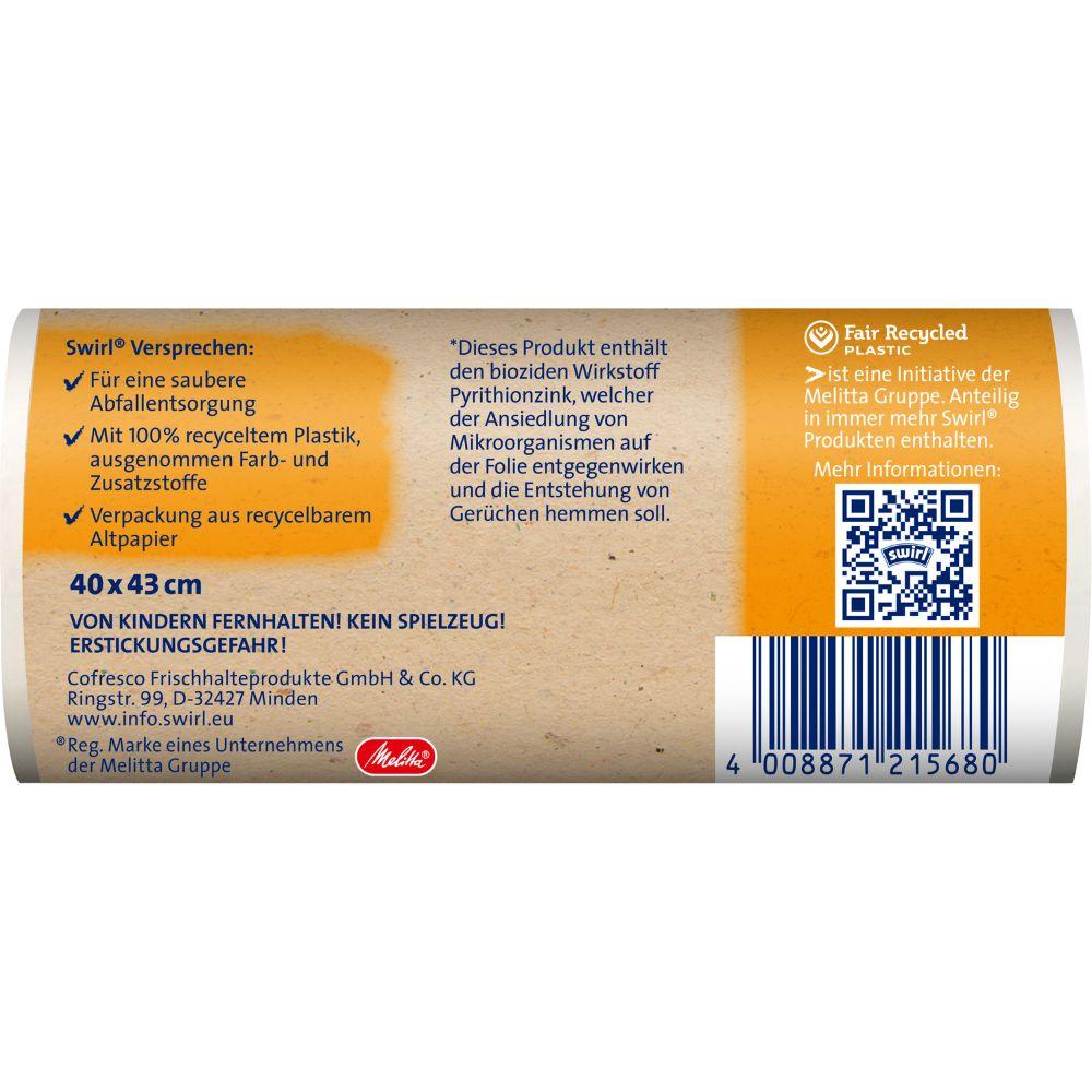 Der Swirl Tragegriff-Müllbeutel Bad- & Kosmetik 10 l der Melitta Europa GmbH & Co. KG zeichnet sich durch Beutel aus 100 % recyceltem Kunststoff, ohne Farbstoffe/Zusätze, antibakterielle Eigenschaften, recycelbare Verpackung, Barcode und QR-Code aus.