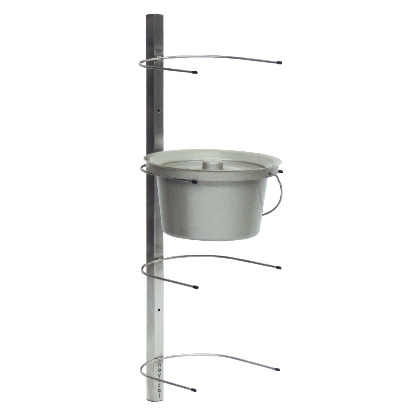 O suporte de parede para baldes de banheiro Novocal em aço inoxidável oferece armazenamento que economiza espaço para até 4 baldes de banheiro, é montado na parede e é adequado para baldes com alça e tampa. Dimensões totais: 260 x 2, embalagem (1 peça).