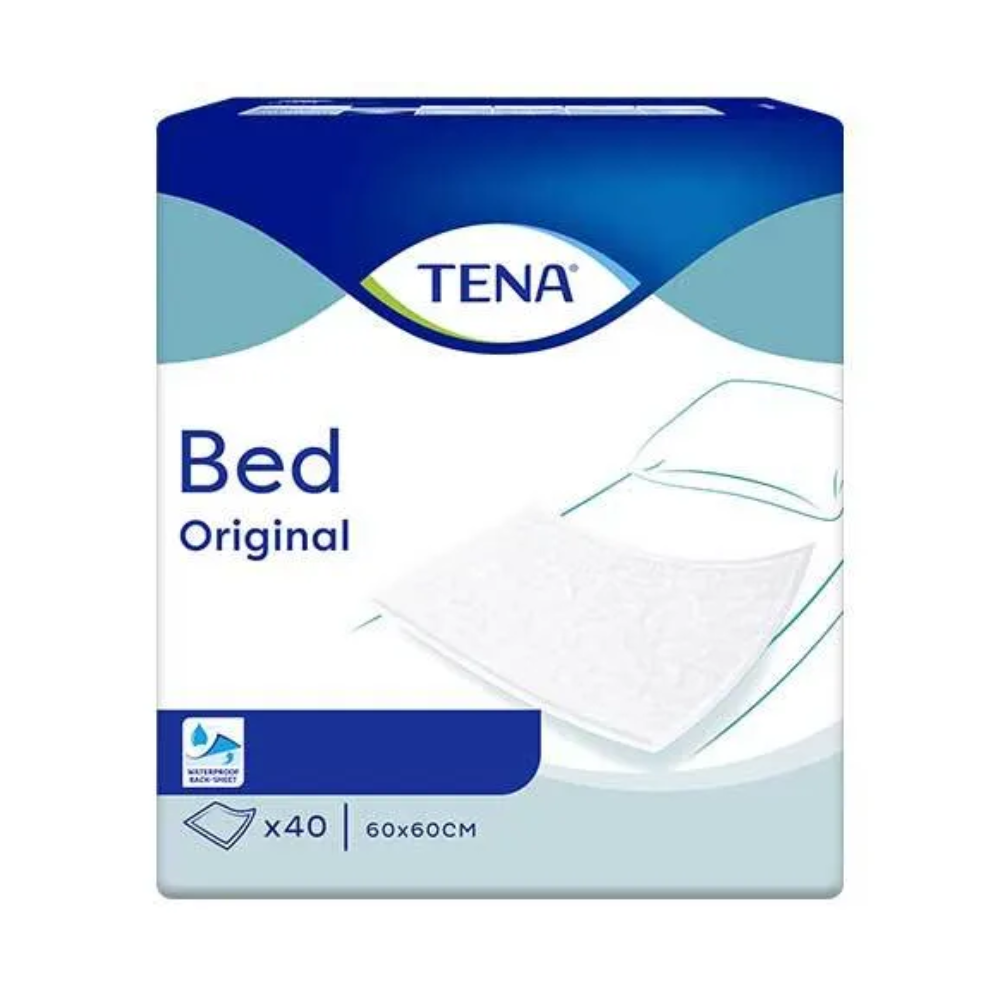 A imagem mostra as proteções de cama TENA Bed Original, fabricadas pela TENA - Essity Germany GmbH. O design é predominantemente em azul e branco e mostra um gráfico de uma proteção de cama. Destaca a característica impermeável e indica um tamanho de 60 x 60 cm, que contém 40 peças e é adequado para o tratamento de perda involuntária de urina.