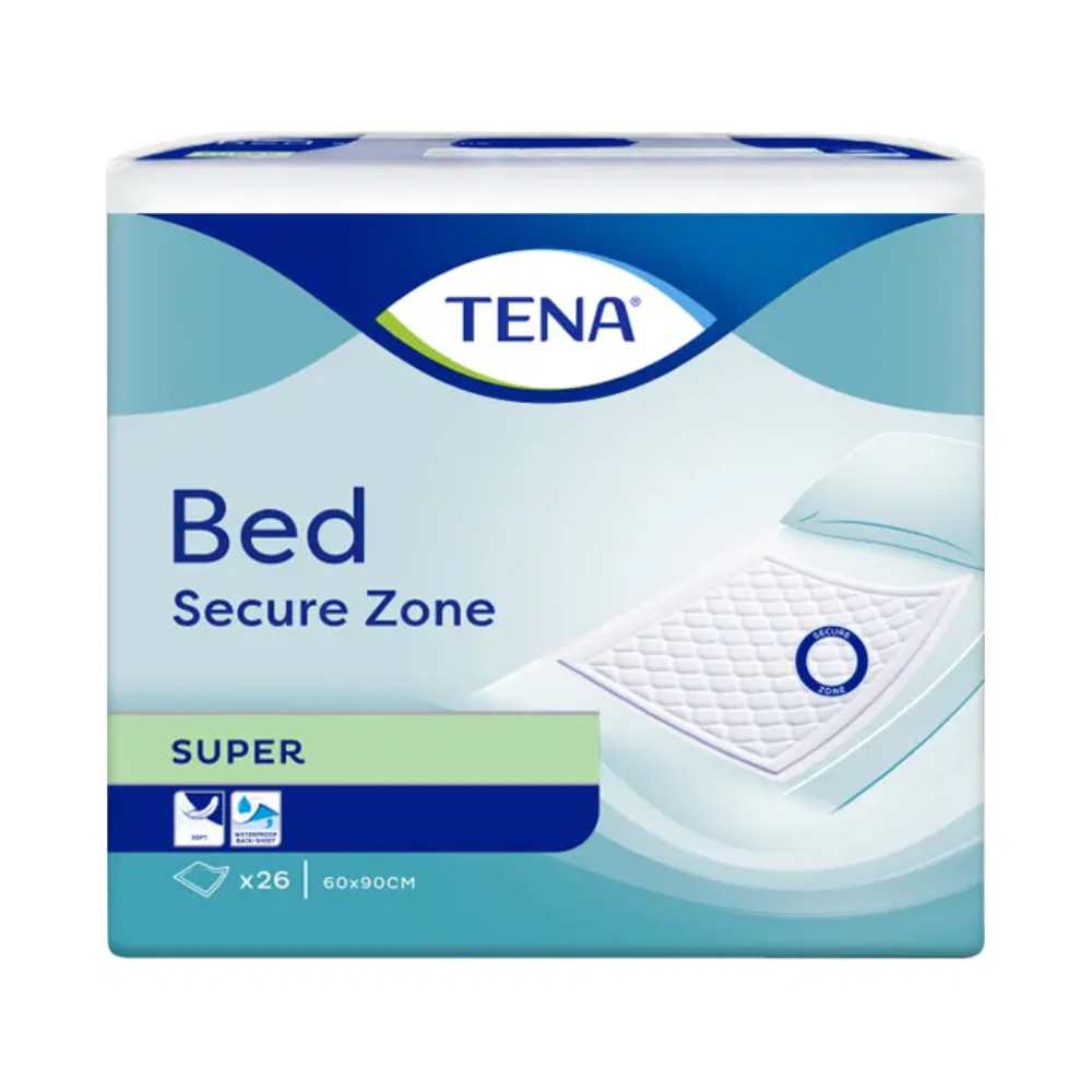 O pacote de proteções de cama TENA Bed Super da TENA – Essity Germany GmbH é apresentado em azul e branco calmante e mostra uma imagem marcante de uma proteção de cama. Contém informações detalhadas do produto, como as dimensões (60 x 90 cm), e é fornecido em uma embalagem com 26 unidades. Destaca-se a proteção contra vazamentos e as micro-pérolas superabsorventes para um cuidado ótimo com a proteção para incontinência.