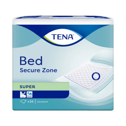 O pacote de proteções de cama TENA Bed Super da TENA – Essity Germany GmbH é apresentado em azul e branco calmante e mostra uma imagem marcante de uma proteção de cama. Contém informações detalhadas do produto, como as dimensões (60 x 90 cm), e é fornecido em uma embalagem com 26 unidades. Destaca-se a proteção contra vazamentos e as micro-pérolas superabsorventes para um cuidado ótimo com a proteção para incontinência.
