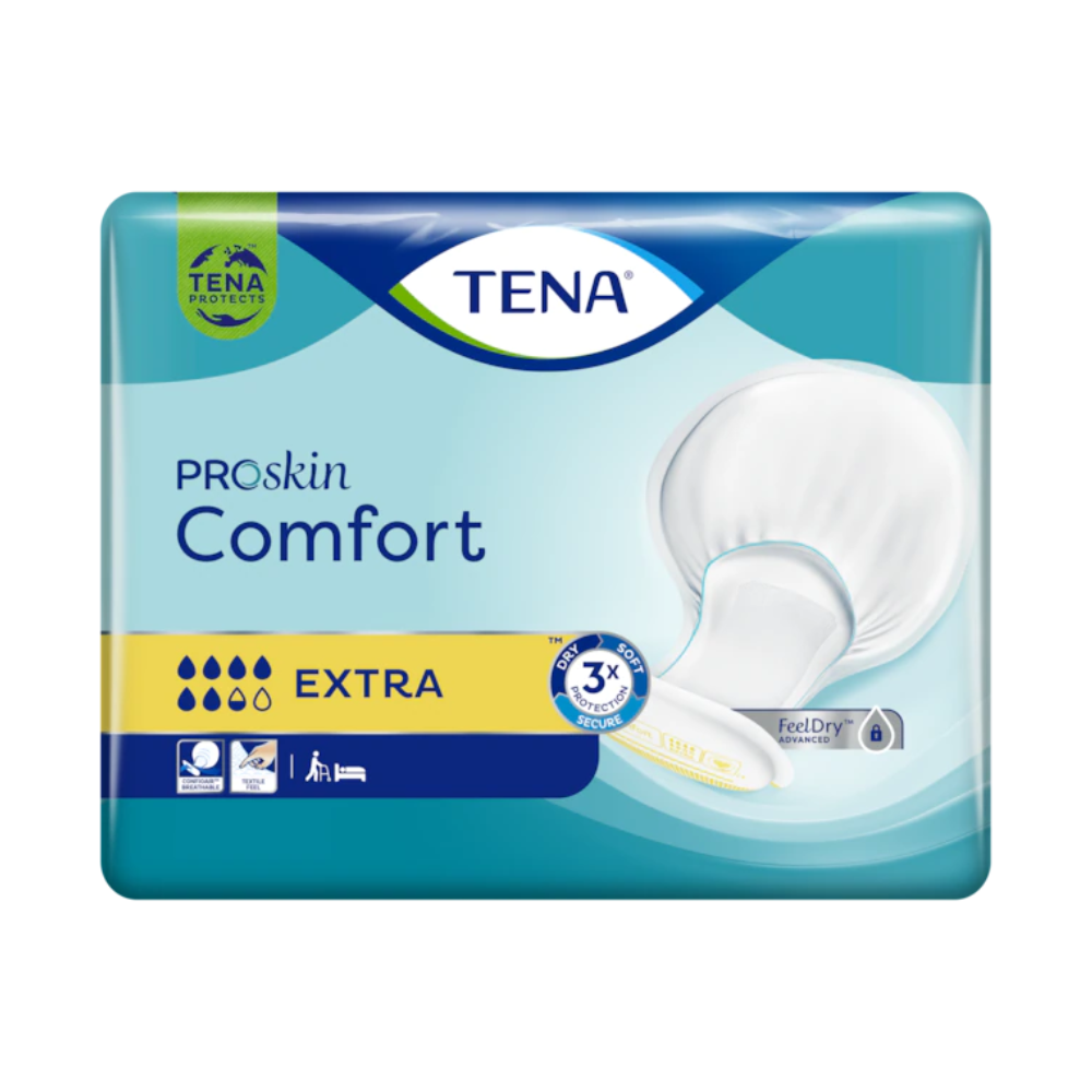 A embalagem da almofada de incontinência TENA Comfort Extra (embalagem com 40 unidades) possui a capacidade de absorção "EXTRA" e mostra uma imagem de almofada branca ao lado de símbolos que destacam características de conforto. O design inclui tons de azul e verde, com o logotipo TENA exibido de forma proeminente no topo, abordando as necessidades de incontinência urinária. Fabricado por TENA - Essity Germany GmbH.