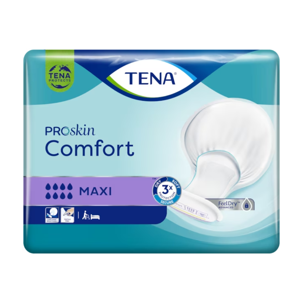 Embalagem para TENA Comfort Maxi, pensos para incontinência, conteúdo 34 unidades. O design inclui um esquema de cores azul-violeta com uma imagem do penso para incontinência no lado direito, bem como ícones que indicam a absorção e os benefícios do produto.