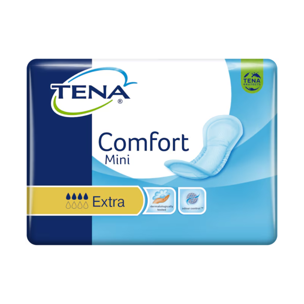 A imagem mostra uma embalagem de TENA Comfort Mini Extra Absorventes para Incontinência em embalagem azul com o texto "TENA" e "Comfort Mini". Destaca o núcleo absorvente Dry Fast Core para melhor absorção, juntamente com símbolos que indicam que foi dermatologicamente testado e desenvolvido para um controle eficaz de odores. O produto é da TENA by Essity Germany GmbH e é entregue numa embalagem de 30 unidades.