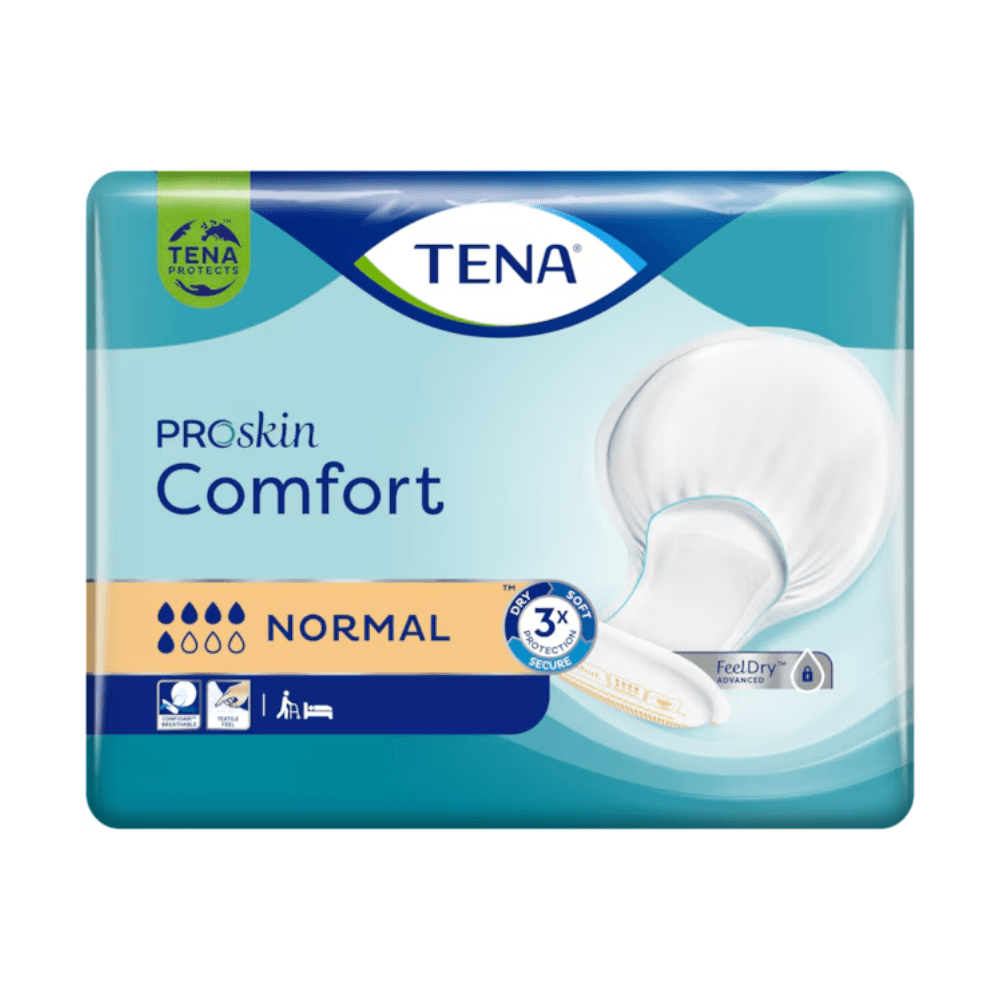 A embalagem de pensos para incontinência TENA Comfort Normal com 42 unidades da TENA - Essity Germany GmbH contém pensos que oferecem uma excelente proteção contra fugas. A embalagem é principalmente azul com acentos brancos e dourados e mostra uma imagem do penso, bem como símbolos para capacidade de absorção, controle de odor e proteção contra fugas.