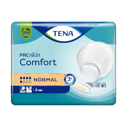 A embalagem de pensos para incontinência TENA Comfort Normal com 42 unidades da TENA - Essity Germany GmbH contém pensos que oferecem uma excelente proteção contra fugas. A embalagem é principalmente azul com acentos brancos e dourados e mostra uma imagem do penso, bem como símbolos para capacidade de absorção, controle de odor e proteção contra fugas.