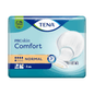 A embalagem de pensos para incontinência TENA Comfort Normal com 42 unidades da TENA - Essity Germany GmbH contém pensos que oferecem uma excelente proteção contra fugas. A embalagem é principalmente azul com acentos brancos e dourados e mostra uma imagem do penso, bem como símbolos para capacidade de absorção, controle de odor e proteção contra fugas.