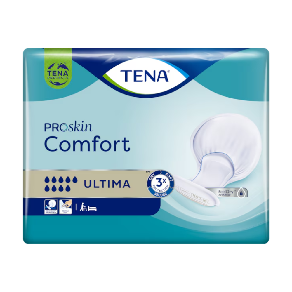 A embalagem da TENA Comfort Ultima Inkontinenzvorlage da Essity Deutschland GmbH é mostrada. Ela exibe o logotipo da TENA, três gotas de absorção que indicam a absorção máxima, e uma imagem do produto. A embalagem destaca características como a tecnologia FeelDry e propriedades amigáveis para a pele.