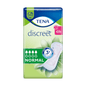 Uma embalagem de TENA Discreet Normal Inkontinenzeinlage | Embalagem (24 unidades) é apresentada, perfeita para o tratamento de fraqueza da bexiga. A embalagem verde-azulada exibe de forma proeminente o logotipo da marca TENA - Essity Germany GmbH, juntamente com símbolos de absorção e conforto. Um padrão floral no canto inferior direito destaca o uso da tecnologia microPROTEX.