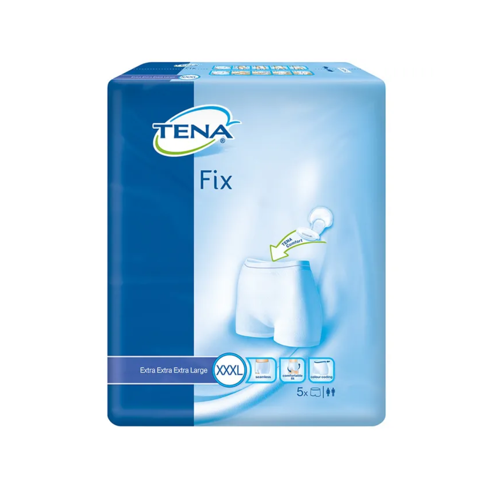 A imagem mostra uma embalagem das cuecas fixadoras de incontinência TENA Fix da TENA – Essity Germany GmbH. A embalagem é azul com texto branco, indica o tamanho XXXL e contém cinco unidades. Uma ilustração destaca o ajuste e garante proteção confiável contra vazamentos para maior confiança.