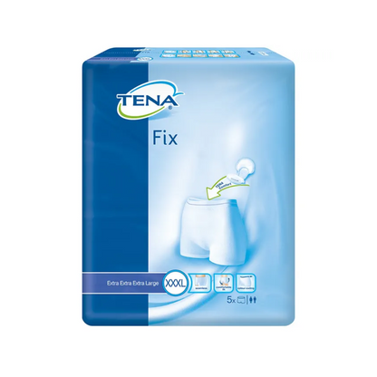 A imagem mostra uma embalagem das cuecas fixadoras de incontinência TENA Fix da TENA – Essity Germany GmbH. A embalagem é azul com texto branco, indica o tamanho XXXL e contém cinco unidades. Uma ilustração destaca o ajuste e garante proteção confiável contra vazamentos para maior confiança.