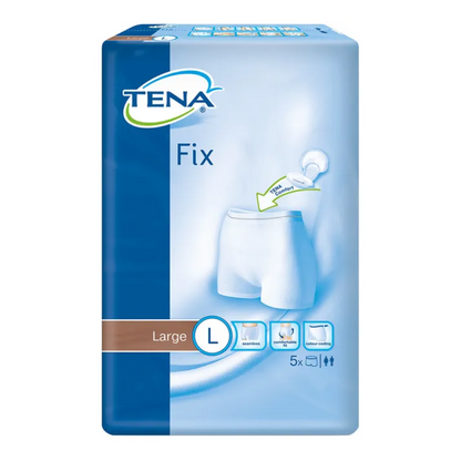As cuecas fixadoras de incontinência TENA Fix da TENA - Essity Germany GmbH oferecem um uso seguro e confortável. A embalagem azul destaca claramente um grande "L" para o tamanho L e contém um diagrama que ilustra o ajuste, bem como símbolos que destacam as funções de proteção contra vazamentos. Cada embalagem contém 5 unidades, desenvolvidas especificamente para proteção confiável.