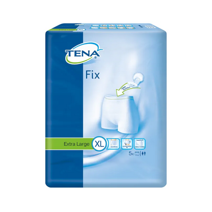 A embalagem das cuecas fixadoras de incontinência TENA Fix no tamanho XL da TENA - Essity Germany GmbH impressiona com uma representação vibrante do produto. É predominantemente azul com acentos verdes que enfatizam a proteção contra vazamentos, contém 5 unidades e é adequada tanto para homens quanto para mulheres.