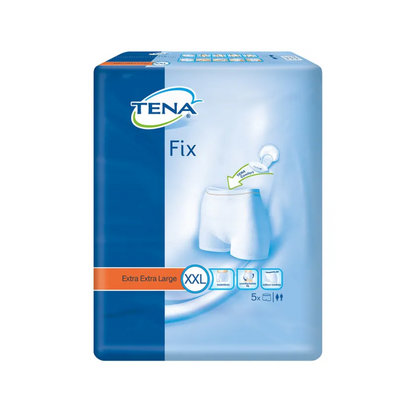 Na embalagem das cuecas fixadoras de incontinência TENA Fix, tamanho Extra Extra Large, o produto é ilustrado - cuecas fixadoras brancas com proteção contra vazamentos. A embalagem azul destaca detalhes do produto, como tamanho e quantidade, e mostra cinco unidades.