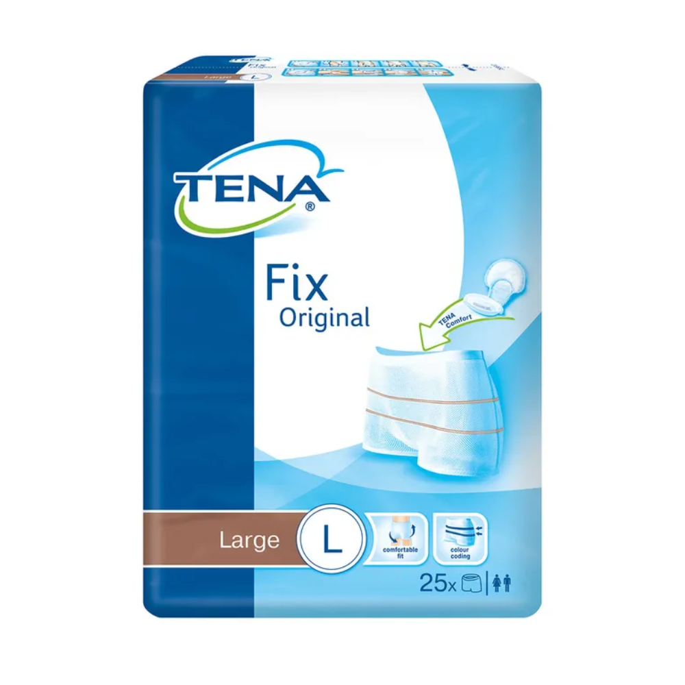 A embalagem da TENA Fix Original Fixierhose no formato grande exibe o logotipo da marca e uma imagem do produto. Contém 25 unidades e apresenta ilustrações de símbolos masculinos e femininos, sublinhando sua confiabilidade como um produto de incontinência comprovado com proteção confiável contra vazamentos.