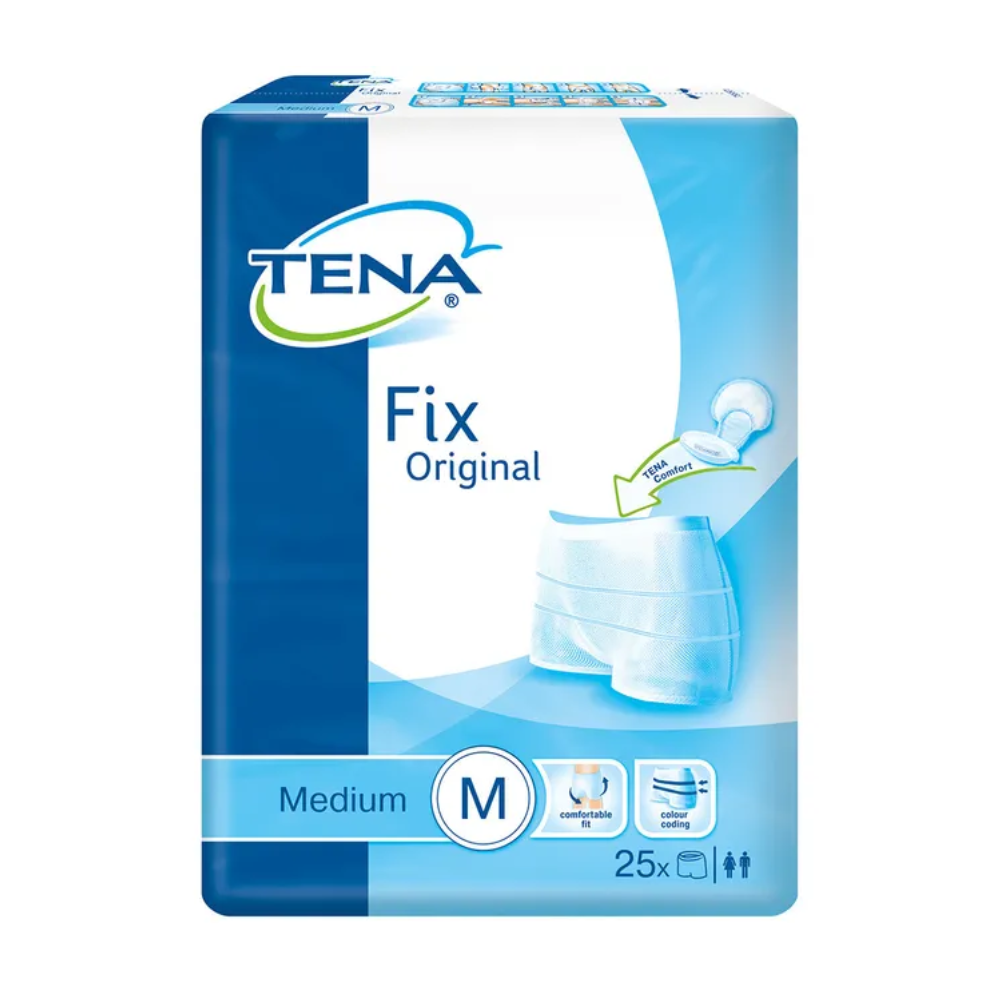 A embalagem da TENA Fix Original Fixierhose em Azul e Branco mostra um diagrama deste produto premium. Destaca a tecnologia de proteção contra vazamentos e indica que é um tamanho Médio, contendo 25 itens. Símbolos na embalagem ilustram as principais funcionalidades para o máximo conforto.