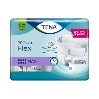 A embalagem da fralda de incontinência TENA Flex Maxi com cinto da TENA – Essity Germany GmbH contém uma fralda branca que destaca características importantes como "ComfiStretch", "Tecnologia FeelDry" e "Abertura com FingerLift". Além disso, contém símbolos que indicam o nível de absorção e o propósito de uso, tornando-a uma excelente escolha para uma fralda de incontinência com cinto.