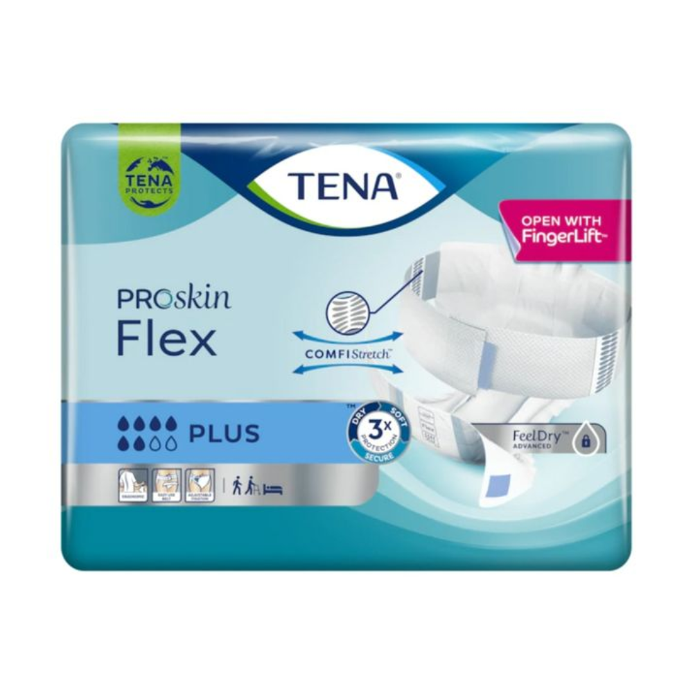 A embalagem da fralda para incontinência TENA Flex Plus da TENA – Essity Germany GmbH é em azul e branco. Contém símbolos que indicam o nível de absorção e a inscrição "Abrir com FingerLift" está colocada de forma proeminente no canto superior direito acima da cintura.