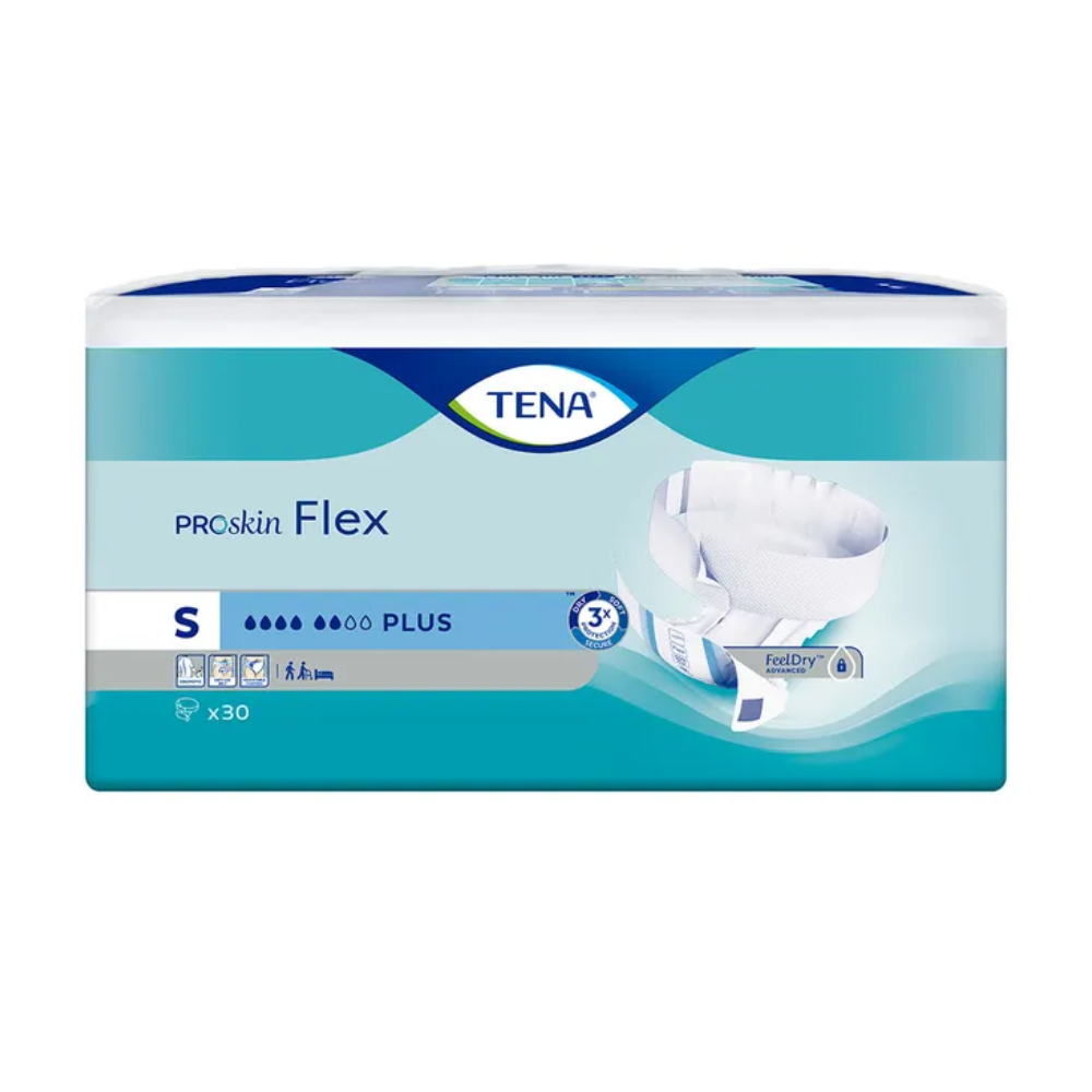 A embalagem da fralda para incontinência TENA Flex Plus no tamanho Small apresenta-se num design azul e branco com imagem de fralda, que destaca a capacidade de absorção "Plus", a tecnologia FeelDry e a cintura para maior conforto. Cada embalagem contém 30 unidades de absorventes para incontinência da marca TENA – Essity Germany GmbH.
