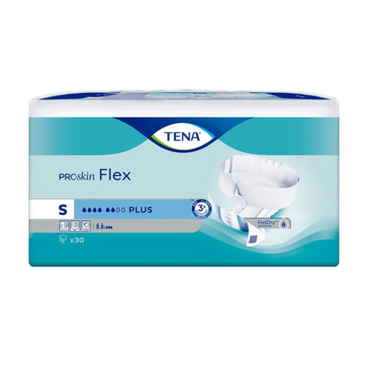 A embalagem da fralda para incontinência TENA Flex Plus no tamanho Small apresenta-se num design azul e branco com imagem de fralda, que destaca a capacidade de absorção "Plus", a tecnologia FeelDry e a cintura para maior conforto. Cada embalagem contém 30 unidades de absorventes para incontinência da marca TENA – Essity Germany GmbH.