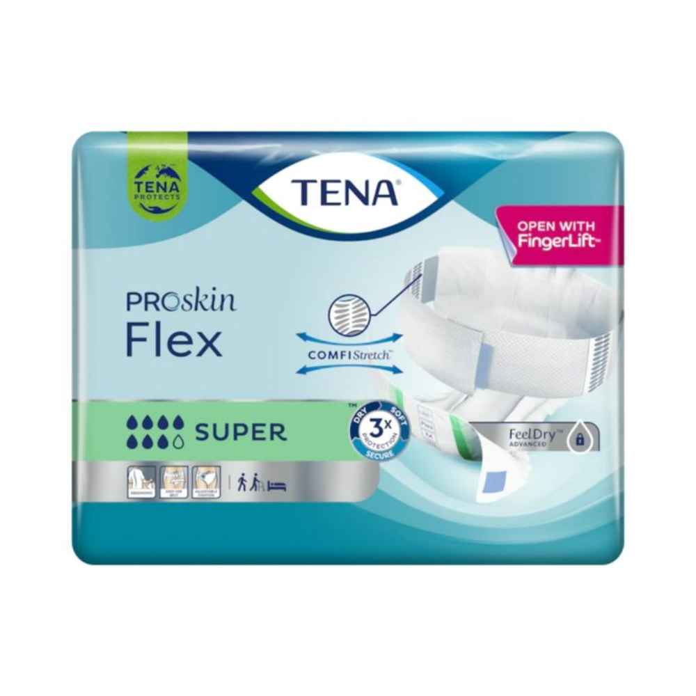 Uma embalagem de TENA Flex Super Inkontinenzvorlage com faixa de cintura da TENA - Essity Germany GmbH, com ComfiStretch e faixa de cintura segura. A embalagem equipada com a tecnologia FeelDry mostra símbolos que destacam as características do produto e contém um diagrama da Inkontinenzvorlage.