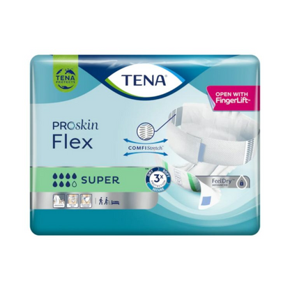 Uma embalagem de TENA Flex Super Inkontinenzvorlage com faixa de cintura da TENA - Essity Germany GmbH, com ComfiStretch e faixa de cintura segura. A embalagem equipada com a tecnologia FeelDry mostra símbolos que destacam as características do produto e contém um diagrama da Inkontinenzvorlage.