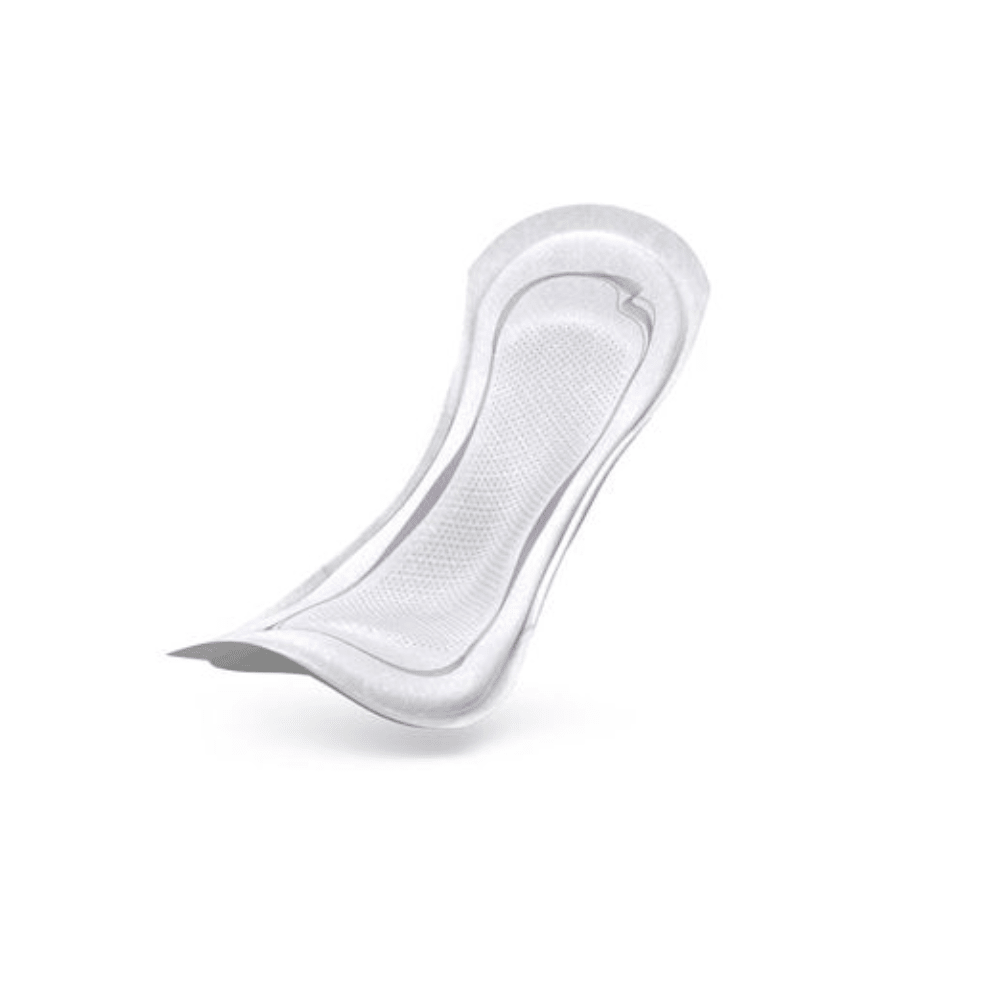 O absorvente para incontinência TENA Lady Discreet Extra da Essity Germany GmbH caracteriza-se por uma forma curva e uma superfície texturizada num fundo branco simples. Este produto, equipado com a tecnologia InstaDRY, oferece proteção e conforto superiores para todos que procuram soluções confiáveis para incontinência. Disponível numa embalagem com 20 unidades.