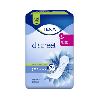 A imagem mostra uma embalagem de TENA Lady Discreet Extra Absorvente para Incontinência com 20 unidades. A embalagem em tons de azul e lilás com padrão floral e imagem dos absorventes destaca características como proteção tripla e até 12 horas de secura graças à tecnologia avançada InstaDRY.