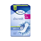 A imagem mostra uma embalagem de TENA Lady Discreet Extra Absorvente para Incontinência com 20 unidades. A embalagem em tons de azul e lilás com padrão floral e imagem dos absorventes destaca características como proteção tripla e até 12 horas de secura graças à tecnologia avançada InstaDRY.