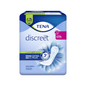 A imagem mostra uma embalagem de TENA Lady Discreet Extra Plus Inkontinenzeinlage da Essity Germany GmbH, que serve para proteger a bexiga sensível. A embalagem é predominantemente azul com um motivo floral branco e destaca características como "Tecnologia InstaDRY" e "3x Proteção", sublinhando a eficácia como solução de absorventes para incontinência.