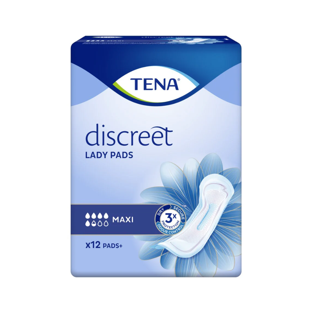 A imagem mostra uma embalagem de TENA Lady Discreet Maxi Inkontinenzeinlage da TENA – Essity Deutschland GmbH, concebida para fraqueza da bexiga. A embalagem apresenta um design floral azul e destaca '3x Proteção', contendo 12 unidades, conforme indicado abaixo à esquerda.