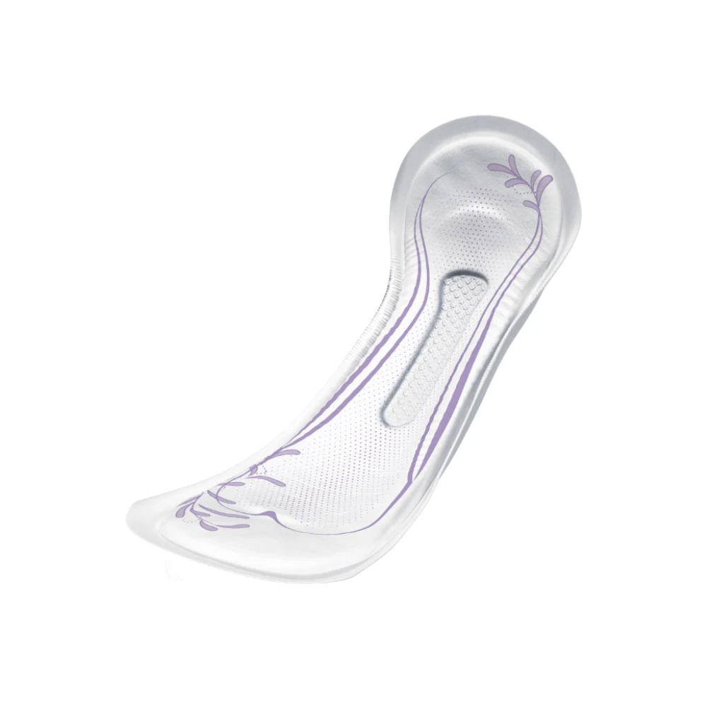 Uma palmilha transparente e contornada TENA Lady Discreet Maxi com elementos decorativos violetas oferece suporte e conforto. Foi desenvolvida pela Essity Germany GmbH especialmente para um encaixe confortável em sapatos e apoia todos aqueles que procuram soluções discretas para problemas como fraqueza da bexiga, sem ter que abdicar do estilo.