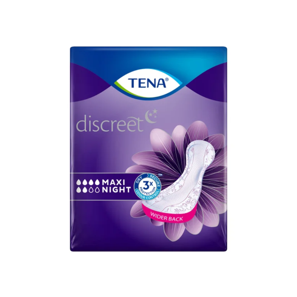 As TENA Lady Discreet Protect+ Maxi Night Inkontinenzeinlagen da Essity Germany GmbH têm uma embalagem violeta com uma imagem de inserção branca, o texto "3x Schutz" e gotas de absorção. A tecnologia InstaDRY reforça a parte traseira mais larga para conforto e segurança ideais. A embalagem contém 12 unidades.