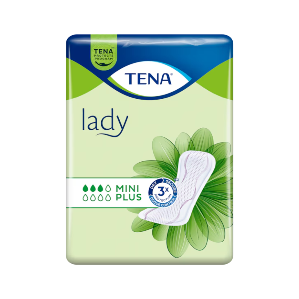 A embalagem do TENA Lady Mini Plus Slipeinlage da Essity Deutschland GmbH é em verde e exibe o logotipo da marca de forma proeminente no topo. Ao lado do texto "3x Proteção", que destaca a tecnologia DryZone para eficácia melhorada contra a fraqueza da bexiga, vê-se a imagem de um absorvente.