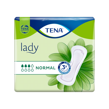 A TENA Lady Normal Slipeinlage | Embalagem (30 unidades) da TENA - Essity Germany GmbH, desenvolvida para o tratamento de fraqueza da bexiga, é apresentada sobre um fundo verde-azulado. A embalagem destaca „3x proteção“ e „controle de odor“ e mostra no lado direito um gráfico da almofada, para demonstrar este eficaz produto de incontinência.