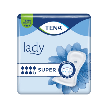A embalagem da TENA Lady Super Inkontinenzvorlage | Packung (30 Stück) da TENA - Essity Germany GmbH é em azul e branco. Elementos marcantes como as palavras "Lady" e "SUPER", gotas de absorção, um gráfico de flores e termos como "Odour Control" fazem dela a escolha ideal para todos que procuram proteção confiável contra incontinência no âmbito do programa TENA Protects.
