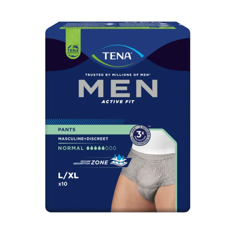 A imagem mostra uma embalagem de TENA Men Active Fit Pants Normal Calças de Incontinência em cinza, da TENA – Essity Deutschland GmbH. A embalagem tem o tamanho L/XL e contém 10 unidades. Ela valoriza características como um design "masculino + discreto" e uma "zona de absorção segura", tornando-a perfeita para o manuseio seguro da perda urinária.