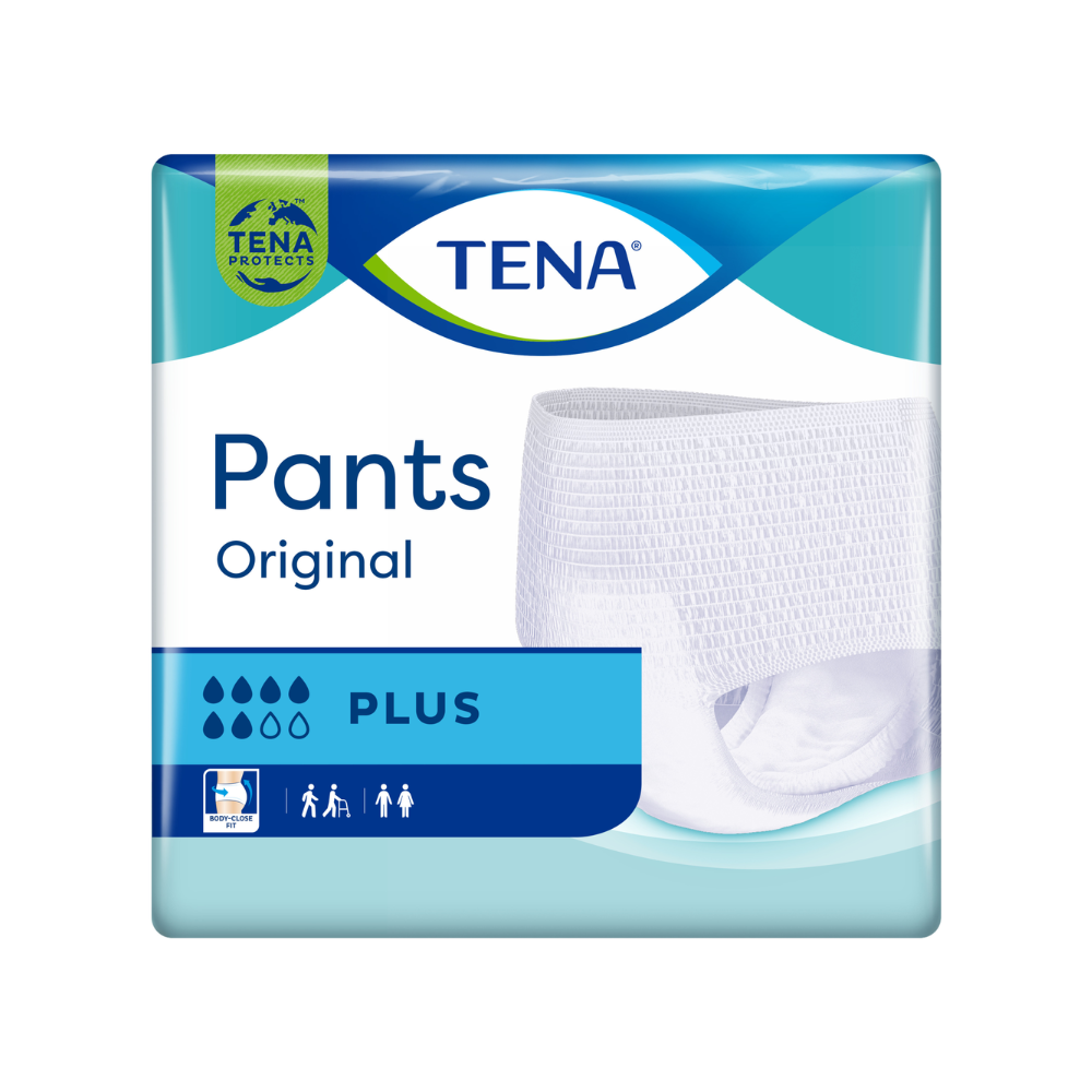 A embalagem das fraldas para incontinência TENA Pants Original Plus mostra uma imagem desta fralda protetora e destaca assim a sua capacidade de absorção. O design azul e branco da TENA – Essity Germany GmbH, que é adequado tanto para homens quanto para mulheres, combate a fraqueza da bexiga de forma eficaz com estilo e confiança.