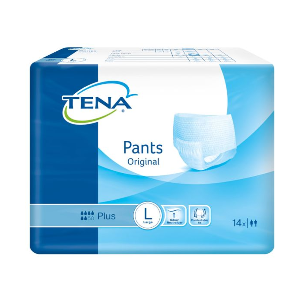 Um pacote de fraldas para incontinência TENA Pants Original Plus da TENA – Essity Deutschland GmbH vem em embalagem azul e branca, indicando a força de absorção 'Plus'. Está disponível no tamanho 'Large' e inclui 14 cuecas descartáveis para o tratamento da fraqueza da bexiga.