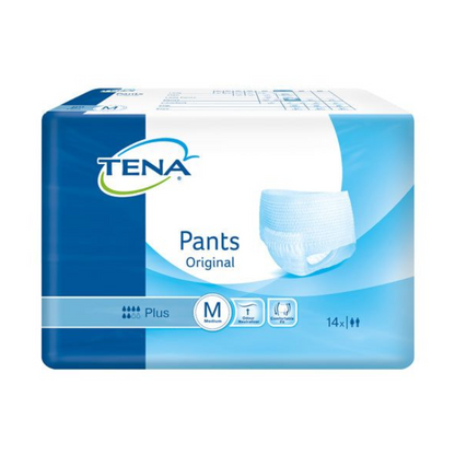 Um pacote de fraldas para incontinência TENA Pants Original Plus oferece fraldas absorventes para adultos. A embalagem predominantemente azul e branca indica o tamanho M, contém 14 unidades e oferece proteção confiável contra a fraqueza da bexiga. Na frente, há uma imagem do produto sob a marca TENA – Essity Germany GmbH.