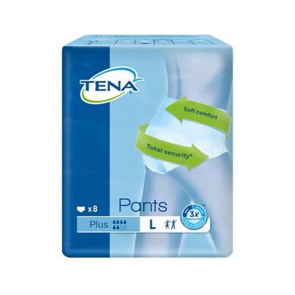 Na embalagem das TENA Pants Plus ConfioFit Inkontinenzpants no tamanho L, há uma imagem do produto, onde etiquetas como "Conforto Suave" e "Segurança Total" são destacadas. Esta embalagem da TENA - Essity Germany GmbH é perfeita para pessoas com incontinência urinária e contém 8 unidades. Está adornada com símbolos que demonstram o uso e a capacidade de absorção, garantindo assim uma proteção confiável.