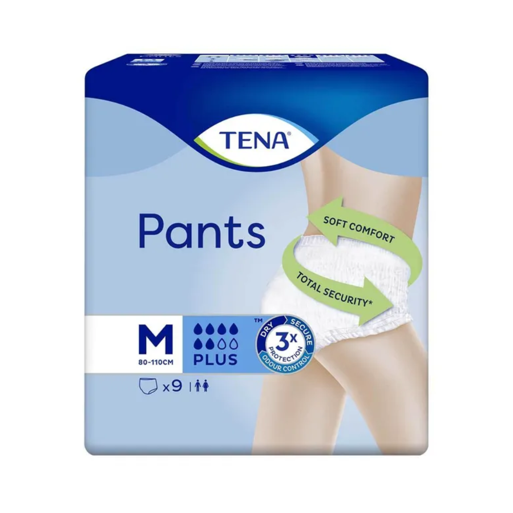 Imagem de uma embalagem de TENA Pants Plus ConfioFit Inkontinenzpants da TENA - Essity Germany GmbH, tamanho médio 80-110 cm, com capacidade de absorção Plus. A embalagem mostra uma pessoa usando as calças e destaca "Soft Comfort" e "Total Security" para uma proteção eficaz contra incontinência urinária. Contém 9 unidades.
