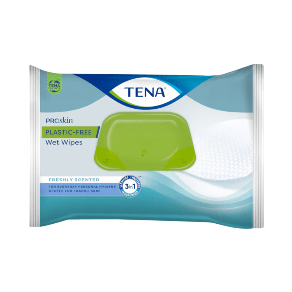 Os toalhetes sem plástico TENA ProSkin, oferecidos pela TENA – Essity Germany GmbH em um pacote de 48 unidades, vêm em uma embalagem com design verde-azul e uma tampa verde resselável. Estes toalhetes são identificados como levemente perfumados, oferecem proteção para a pele e são ideais para a higiene corporal diária devido à sua formulação suave para pele sensível.
