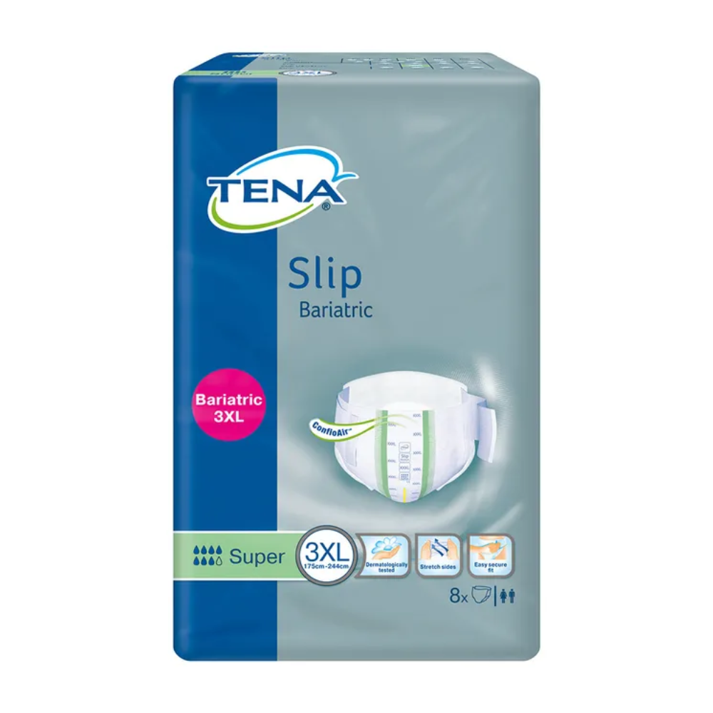 A embalagem das fraldas geriátricas TENA ProSkin Slip Bariatric Super, fabricadas pela TENA – Essity Germany GmbH para máximo conforto e super absorção no tamanho 3XL, é azul. Ela mostra a imagem de uma fralda, bem como símbolos que destacam sua alta capacidade de absorção, e contém oito peças individuais.