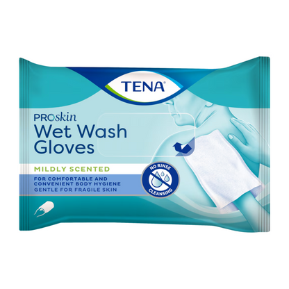 A embalagem das luvas de lavagem TENA ProSkin Wet Wash Gloves, levemente perfumadas, da TENA - Essity Germany GmbH para higiene corporal confortável é ideal para pele sensível com a sua limpeza sem enxágue. A embalagem azul e branca contém todas as informações importantes sobre o produto.