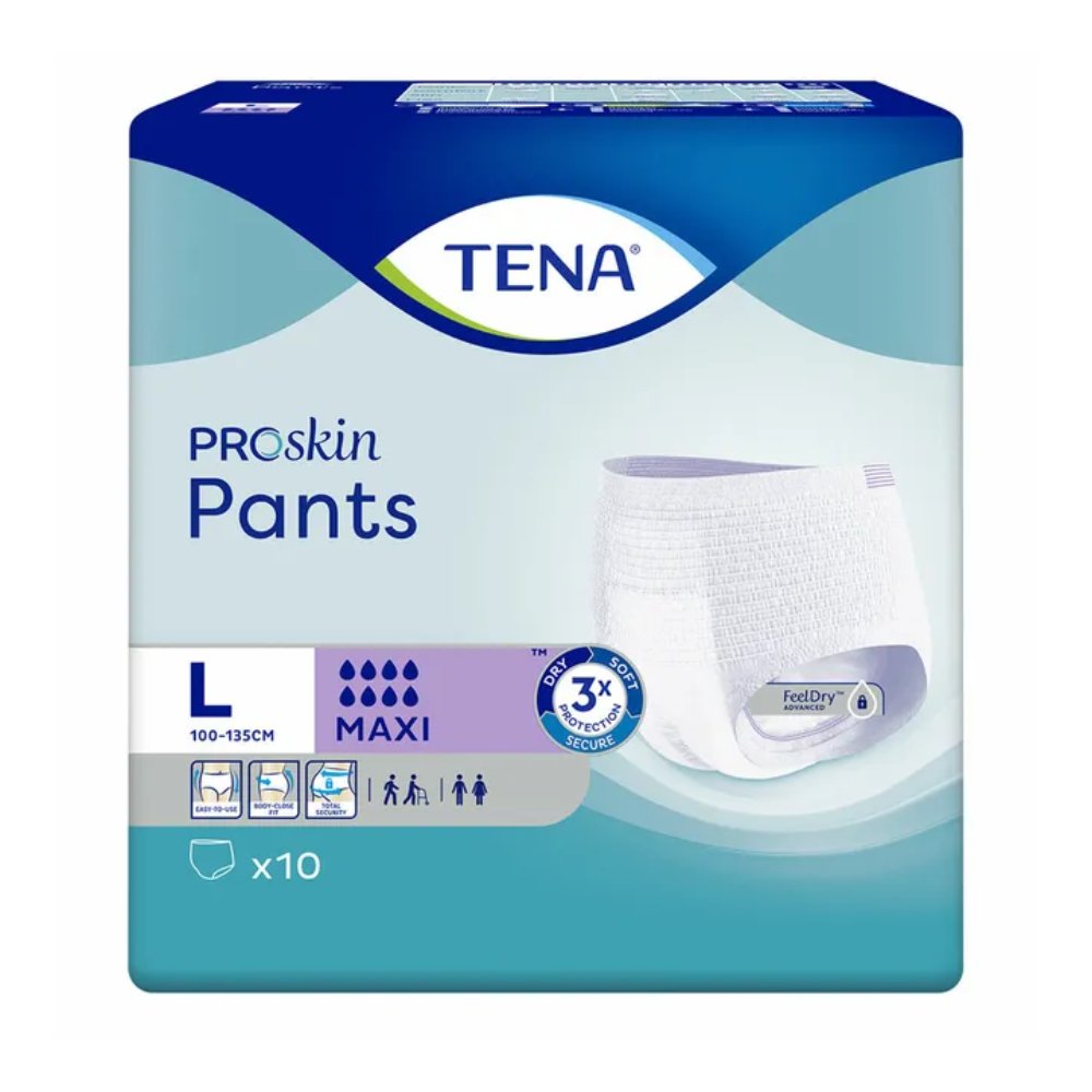 Eine rechteckige Packung TENA Proskin Pants Maxi Inkontinenzhosen, Größe L (100-135 cm), enthält 10 Inkontinenzhosen für Erwachsene mit maximaler Saugfähigkeit und einem Foto der Einwegunterwäsche auf der Vorderseite. Die Verpackung ist mit verschiedenen Symbolen und dem TENA-Markenlogo versehen.