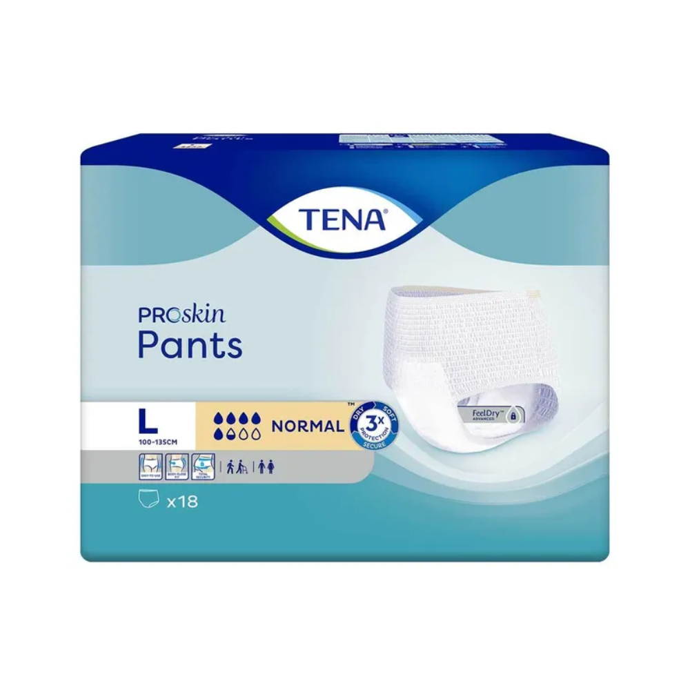 A imagem mostra um pacote de TENA Proskin Pants Normal, uma fralda para incontinência da TENA – Essity Germany GmbH, adequada para pessoas com fraqueza da bexiga no tamanho Large. A embalagem azul e branca indica que contém 18 fraldas para absorção média com tecnologia avançada FeelDry.