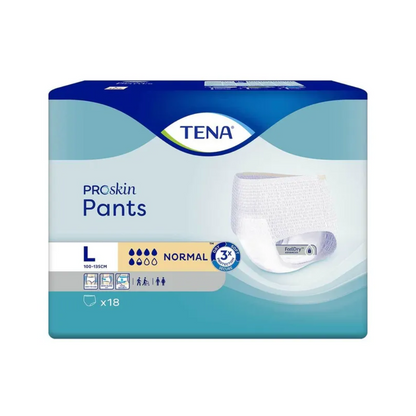 A imagem mostra um pacote de TENA Proskin Pants Normal, uma fralda para incontinência da TENA – Essity Germany GmbH, adequada para pessoas com fraqueza da bexiga no tamanho Large. A embalagem azul e branca indica que contém 18 fraldas para absorção média com tecnologia avançada FeelDry.