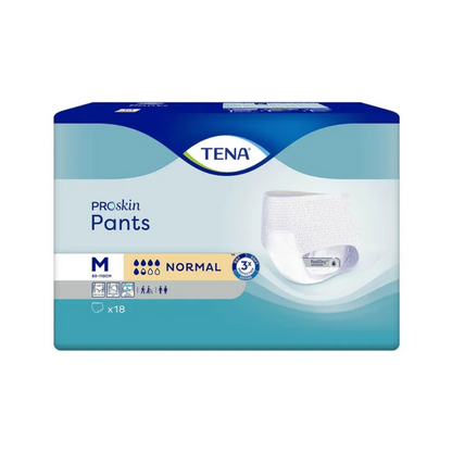 A imagem mostra um pacote de TENA Proskin Pants Normal, fraldas para incontinência da TENA – Essity Germany GmbH, fabricado para pessoas com fraqueza da bexiga. A embalagem azul e branca representa o tamanho médio, absorção normal para adultos e contém 18 peças.
