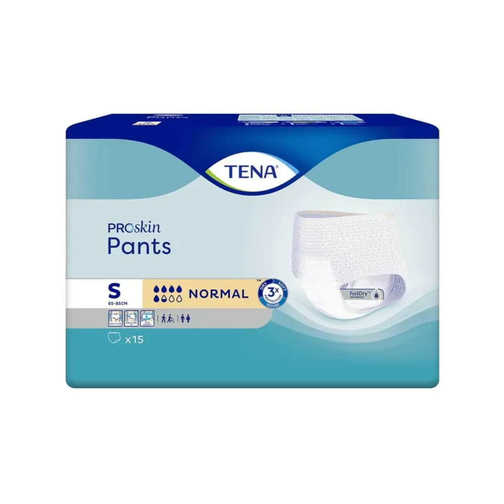 Um pacote de TENA Proskin Pants Normal, fralda para incontinência, tamanho S, especialmente para absorção normal no tratamento de fraqueza da bexiga. O pacote contém 15 fraldas e apresenta uma imagem do produto na frente. A embalagem é principalmente azul com acentos brancos e é fabricada pela TENA - Essity Germany GmbH.